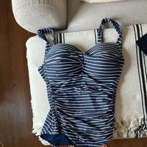 Striped Navy One-Piece Bodysuit with Ruched Front